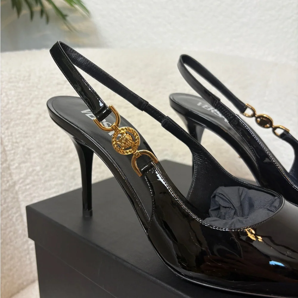Sold-Versace Black Slingback Heels with Medusa 85mm 38 - Picture 3 of 7
